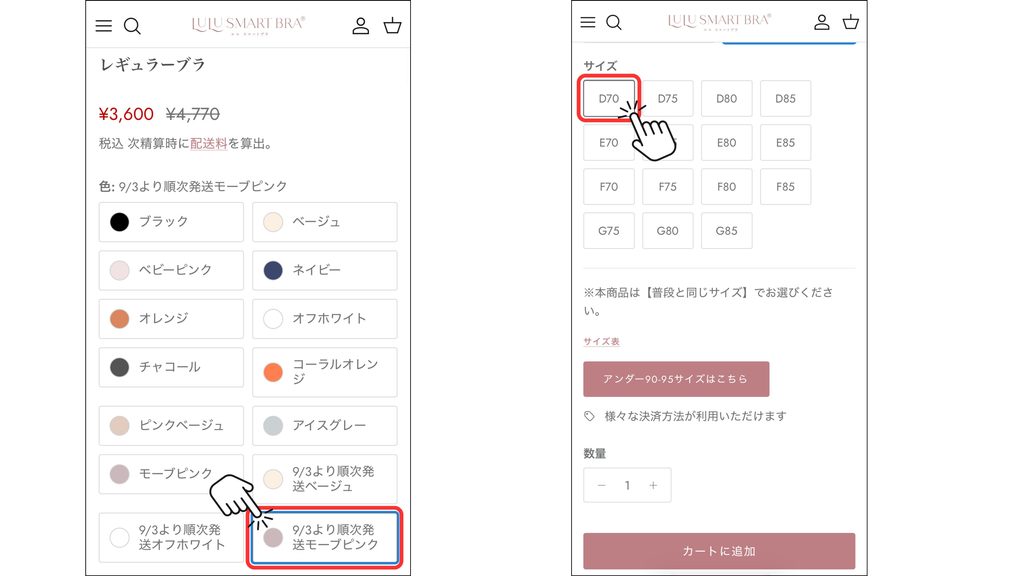 カラーやサイズを選択